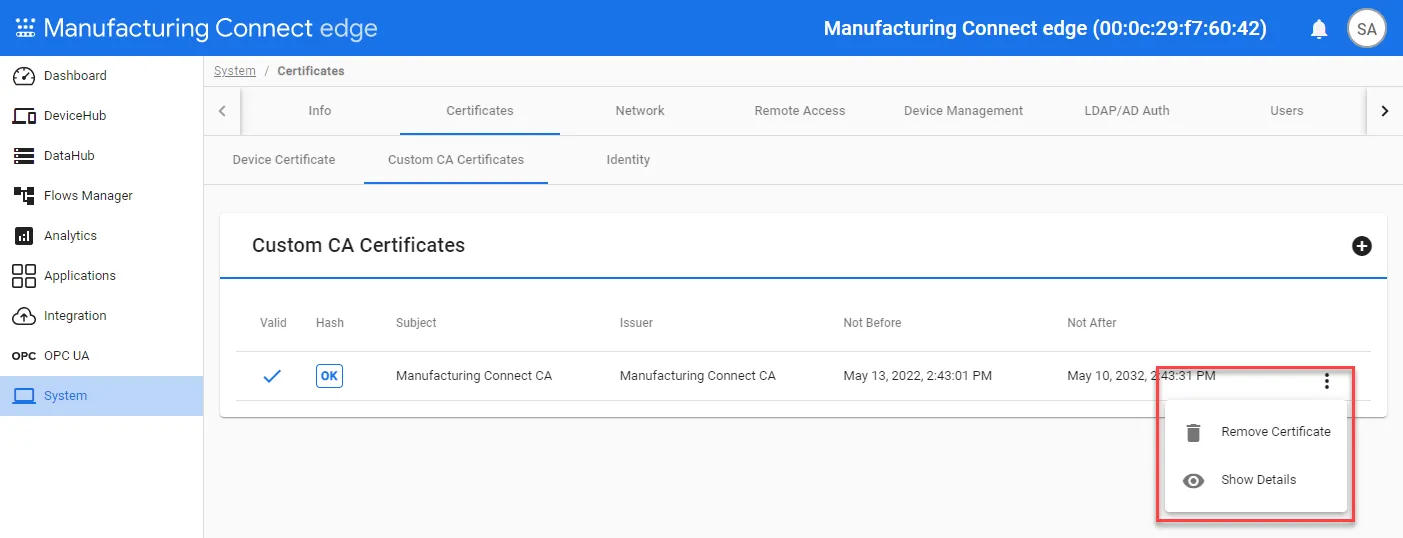 Action menu for Custom CA Certificates Action menu for Custom CA Certificates