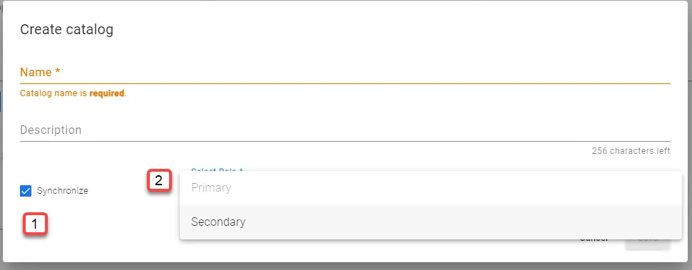 Create catalog dialog box Create catalog dialog box