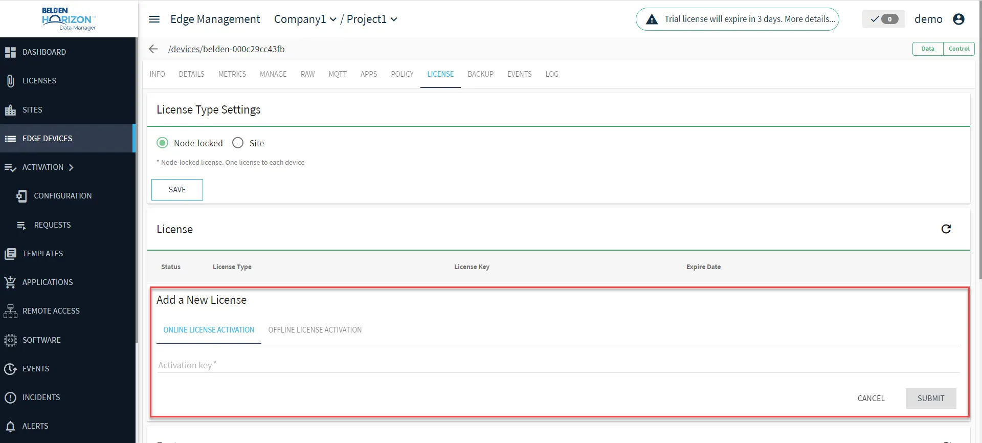 Add License UI expands