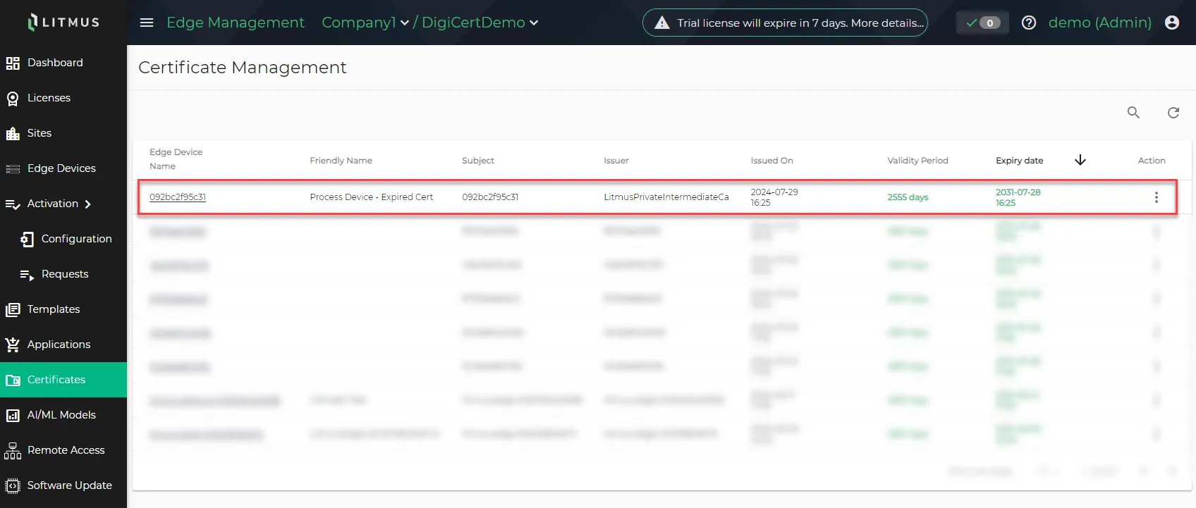 Certificates tab