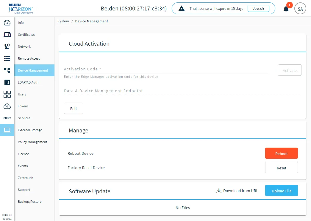 The System Device Management pane The System Device Management pane