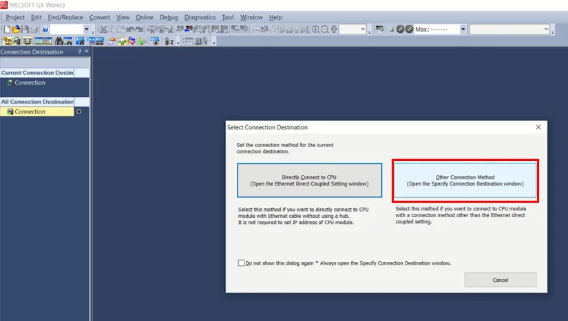 Select Connection Destination dialog box