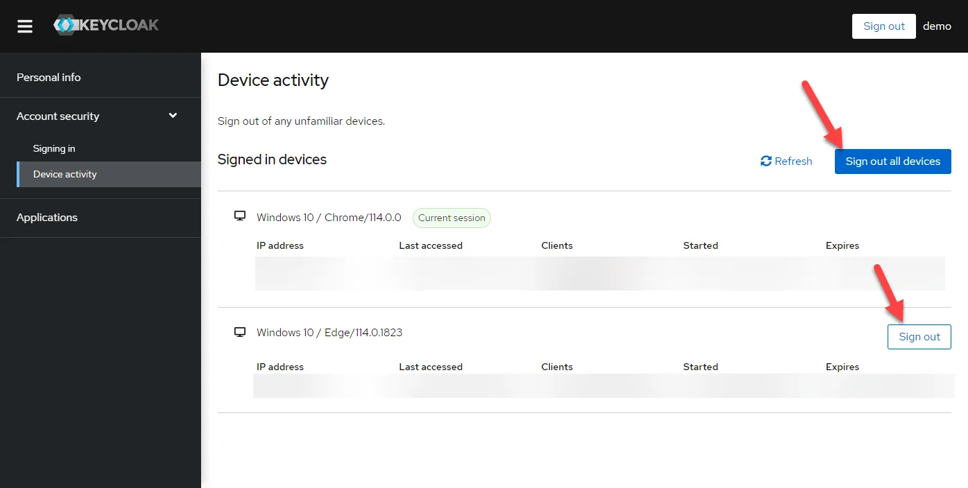 Options to sign out devices