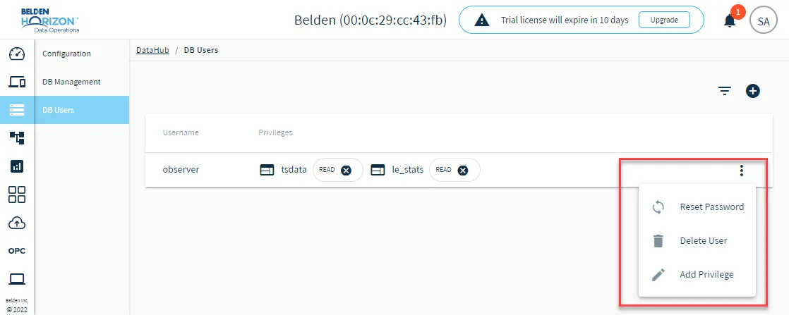 Action menu for DataHub users