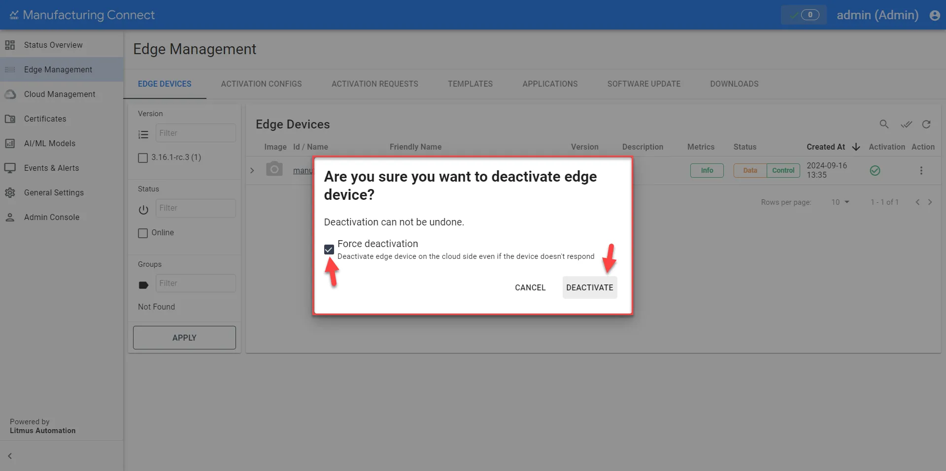 Deactivation dialog box Deactivation dialog box