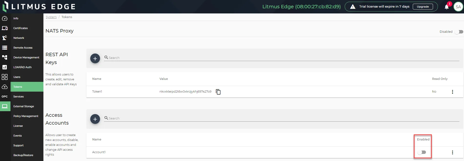 The Enabled toggle for REST API accounts