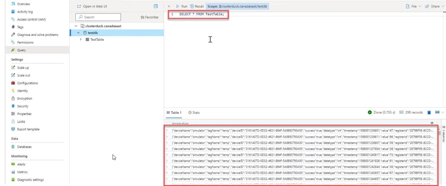Values for TestTable