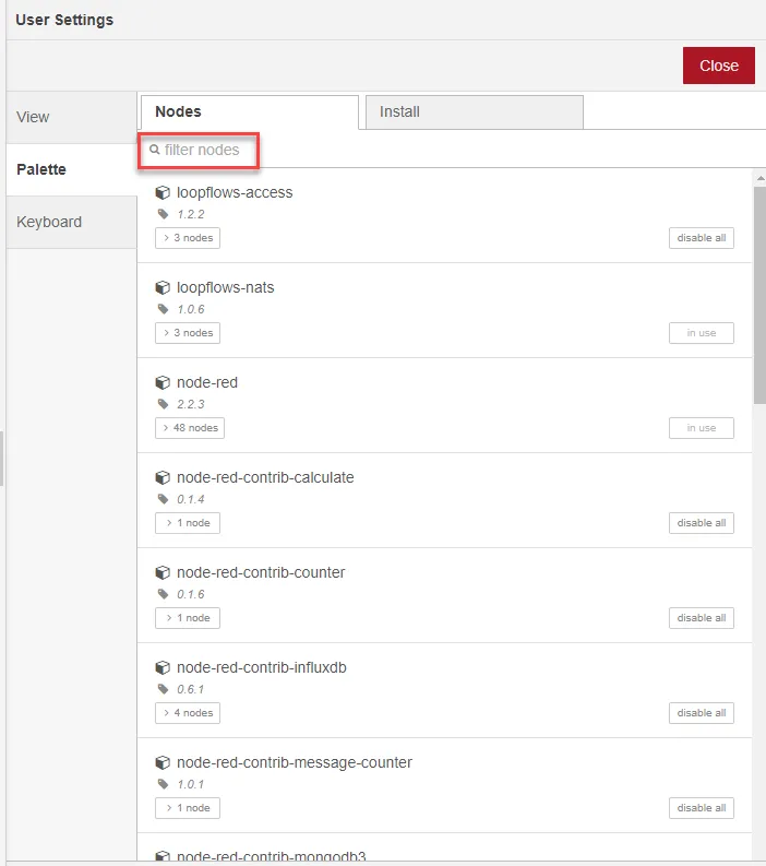 Palette user settings section