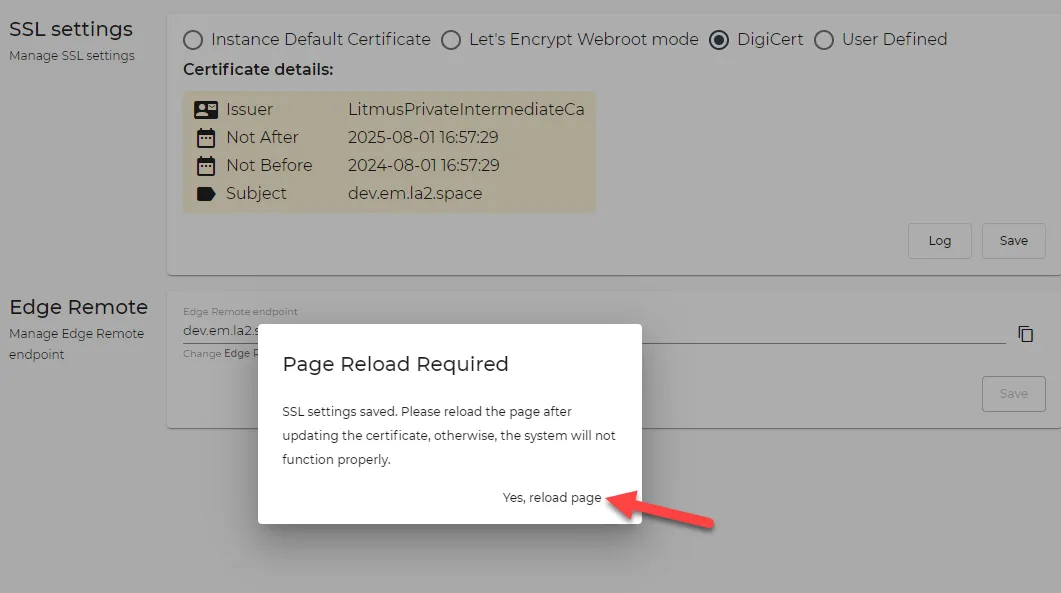 Page Reload Required dialog box