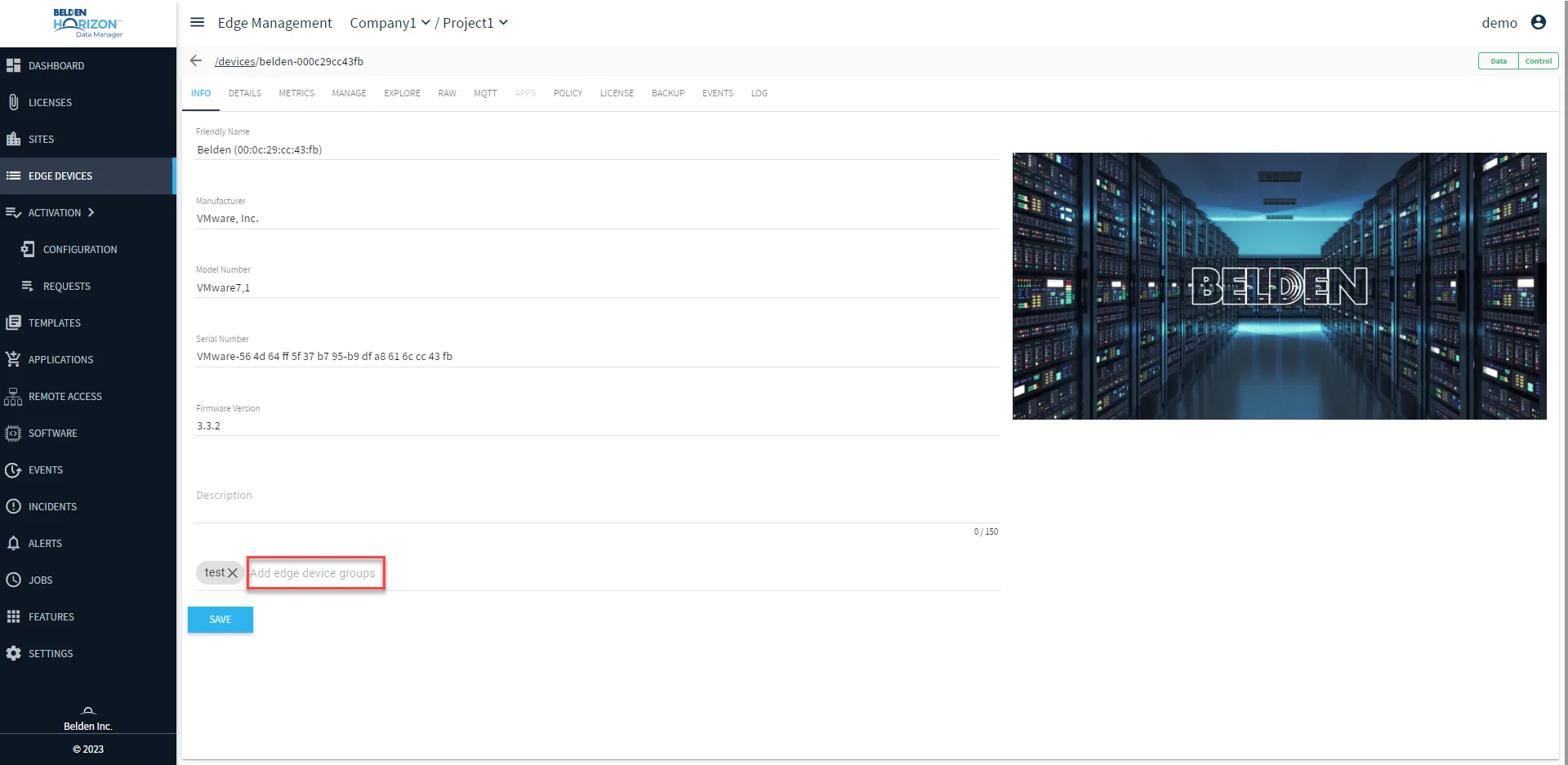 Belden Horizon Data Manager User UI : Edge Device Details : Info tab : Add edge device group