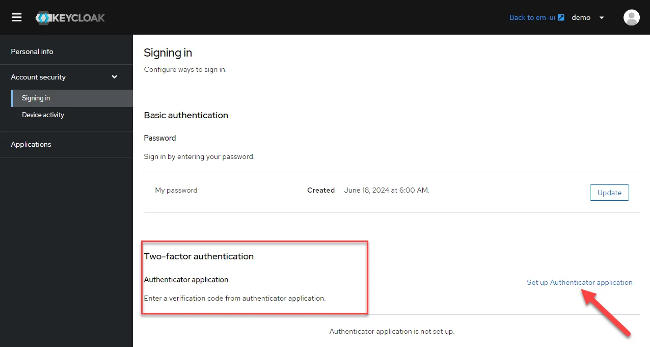 KEYCLOAK - Account security - Signing in page
