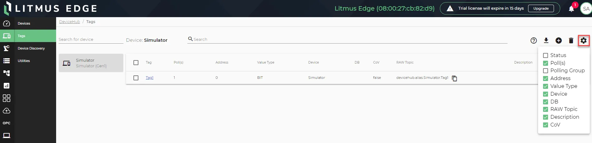 The Configure icon for the Tags pane
