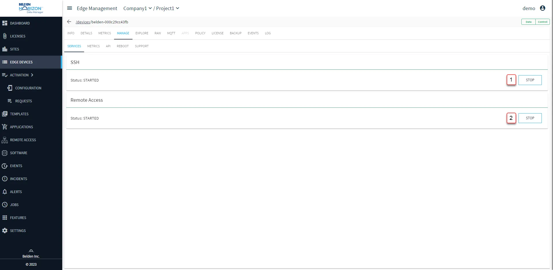 Belden Horizon Data Manager User UI : Edge Device Details : Manage tab : Services sub-tab