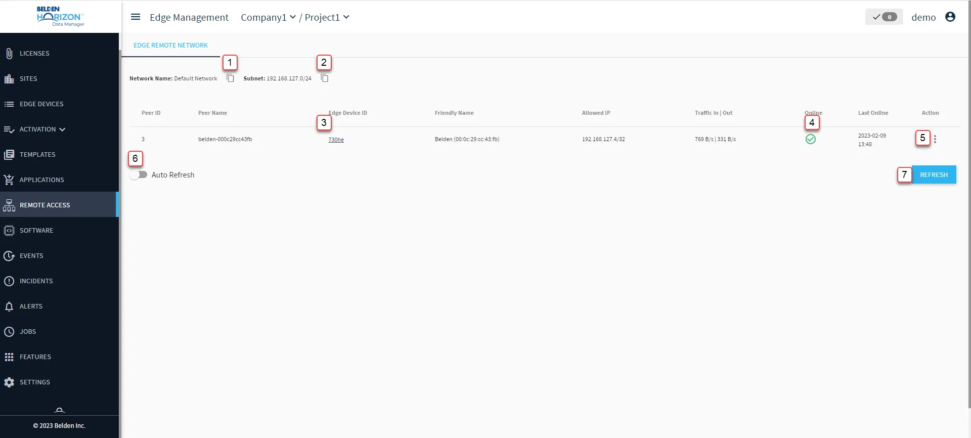 Belden Horizon Data Manager User UI : Remote Access : Edge Remote Network tab