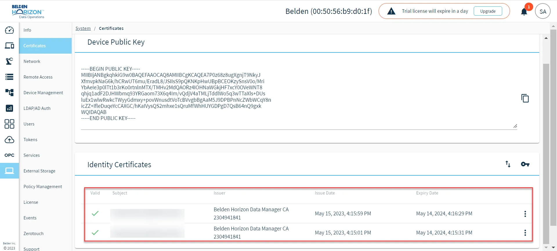 Identity Certificate issued by Belden Horizon Data Manager