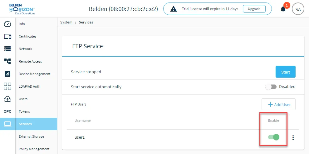 The Enable toggle for FTP users The Enable toggle for FTP users