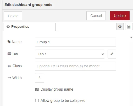 Edit dashboard group node