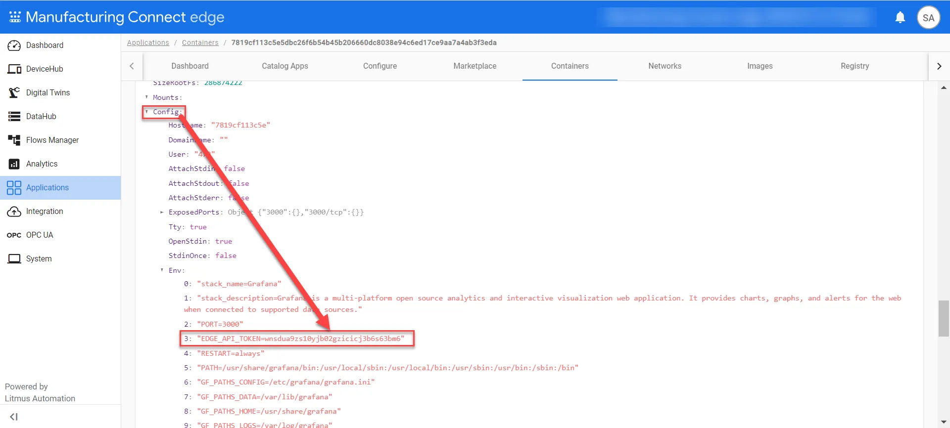 Manufacturing Connect Edge: Applications : Containers : Inspect : Config: Env