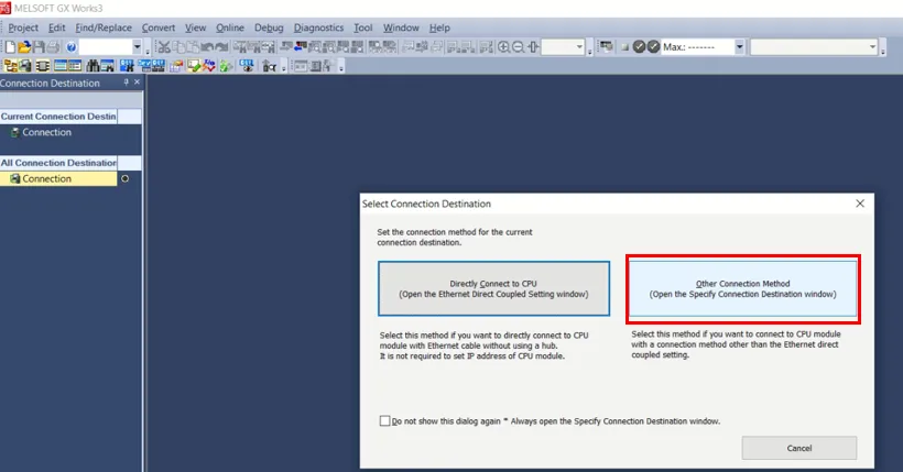 Select Connection Destination dialog box