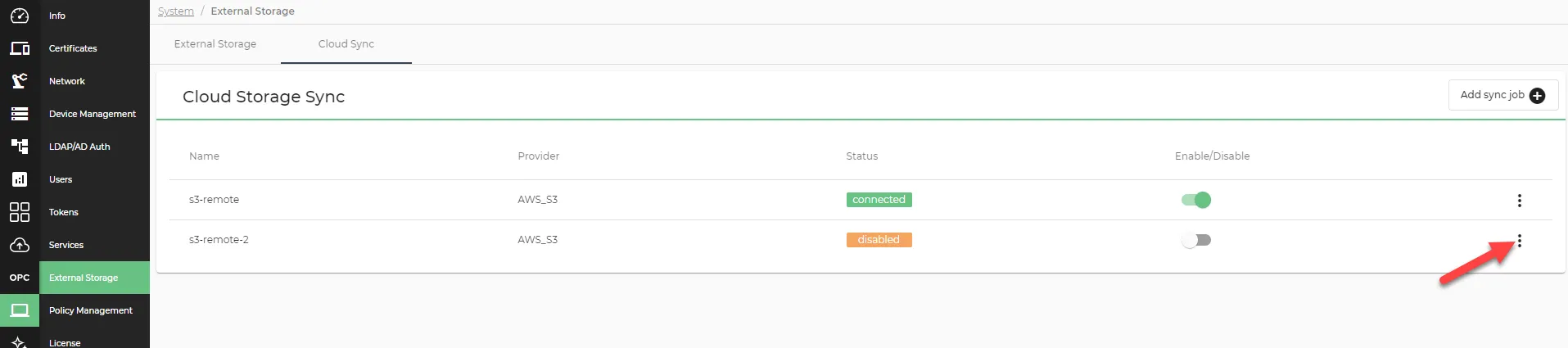 Sync job action menu