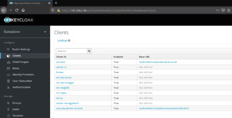 Keycloak interface Clients pane