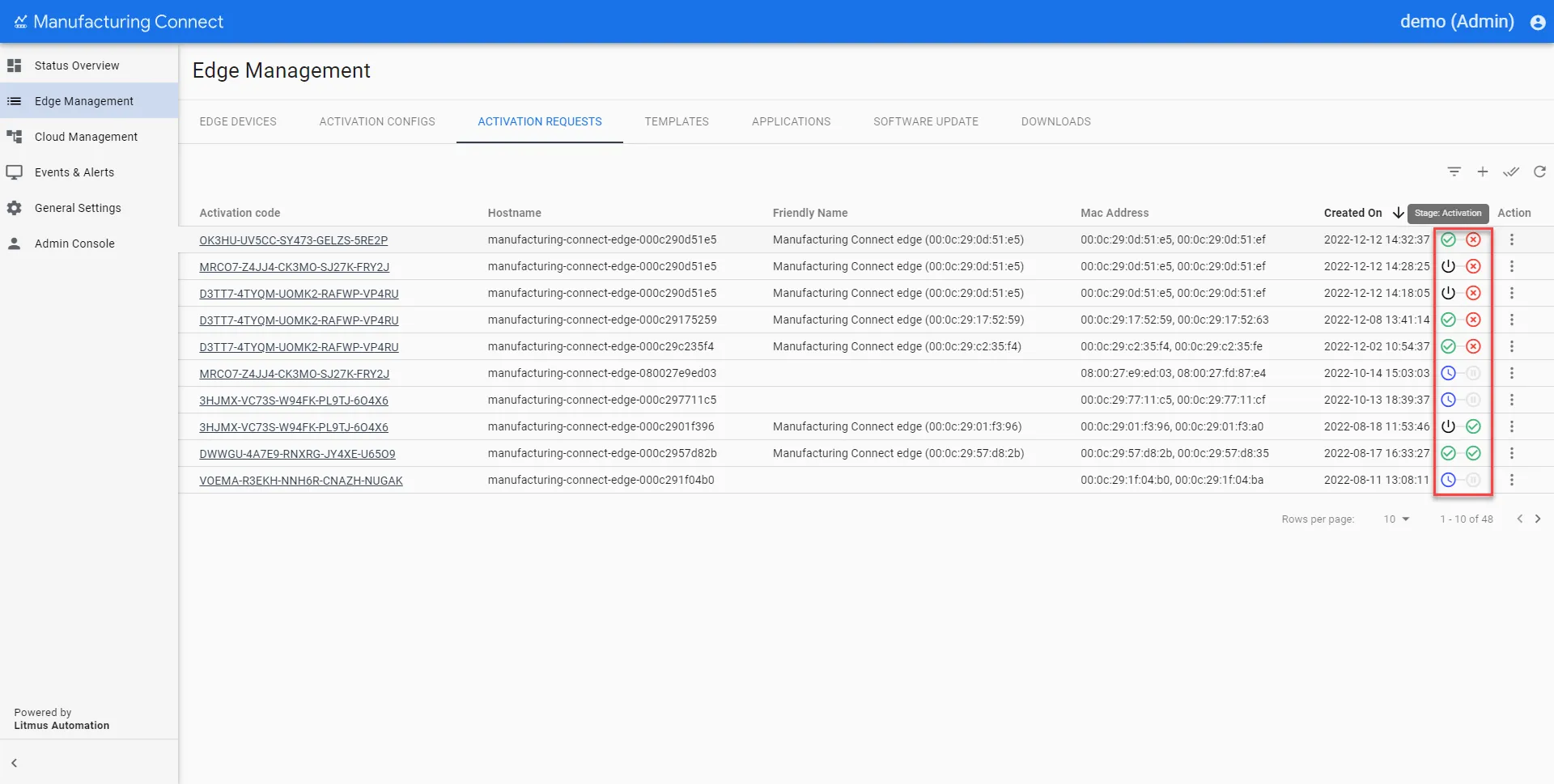 Manufacturing Connect User UI : Activation > Requests : Stages 