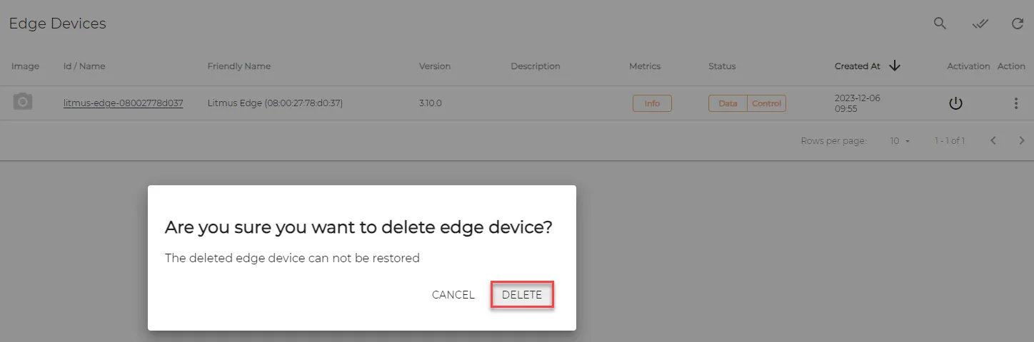 Edge device deletion confirmation dialog box