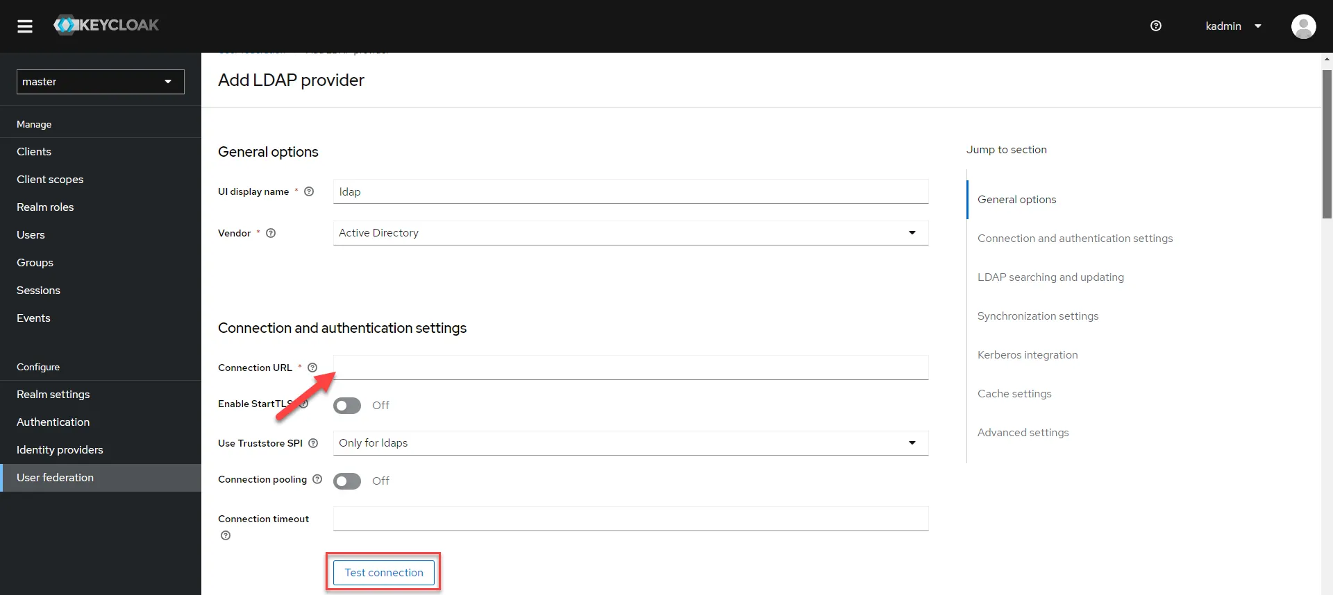 Connection and authentication settings section Connection and authentication settings section
