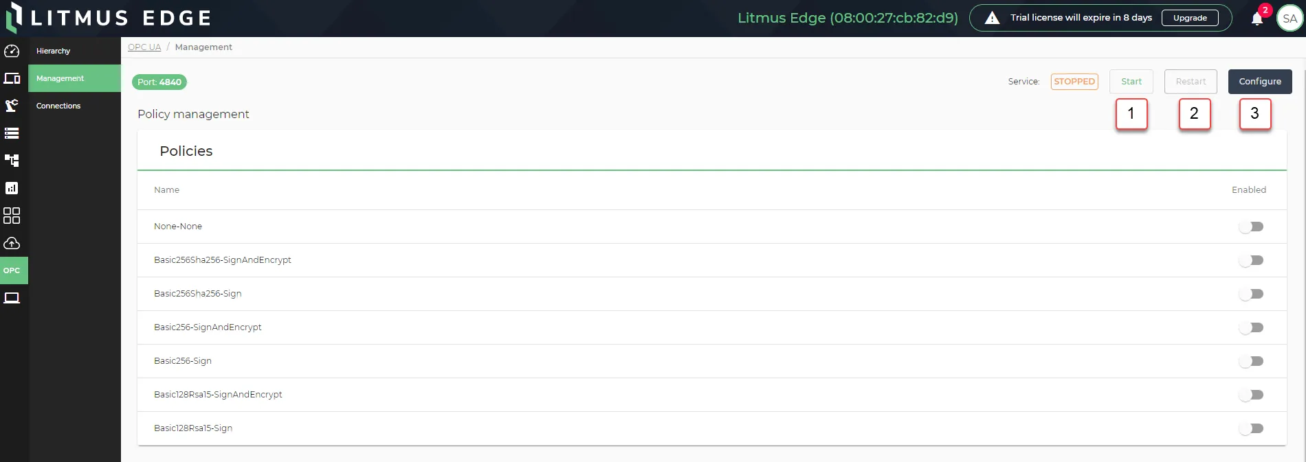 OPC UA Server management options