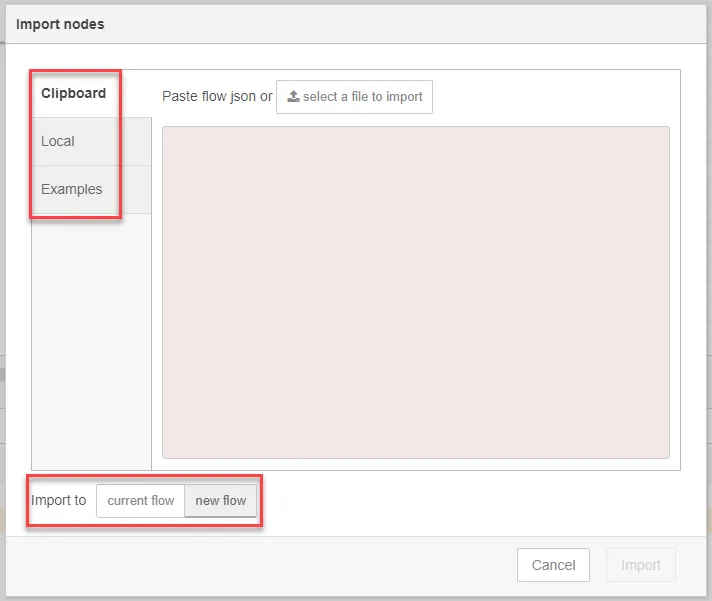 Import nodes dialog box