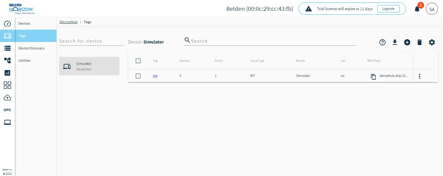 DeviceHub Tags pane DeviceHub Tags pane