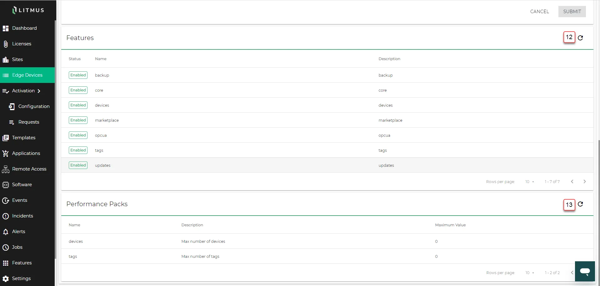 Belden Horizon Data Manager User UI : Edge Device Details : Licenses tab : Node-locked features 3/3 : Features and Performance Packs Belden Horizon Data Manager User UI : Edge Device Details : Licenses tab : Node-locked features 3/3 : Features and Performance Packs