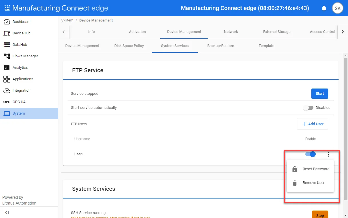 Action menu for FTP users