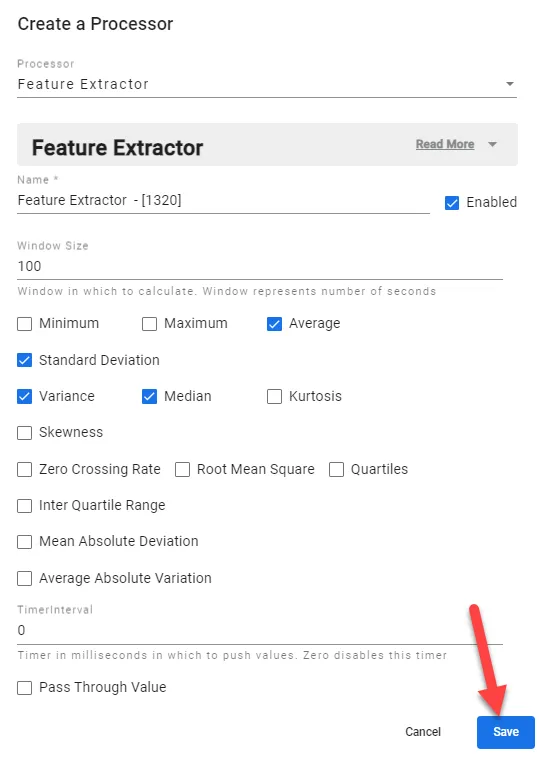 Feature Extractor processor dialog box
