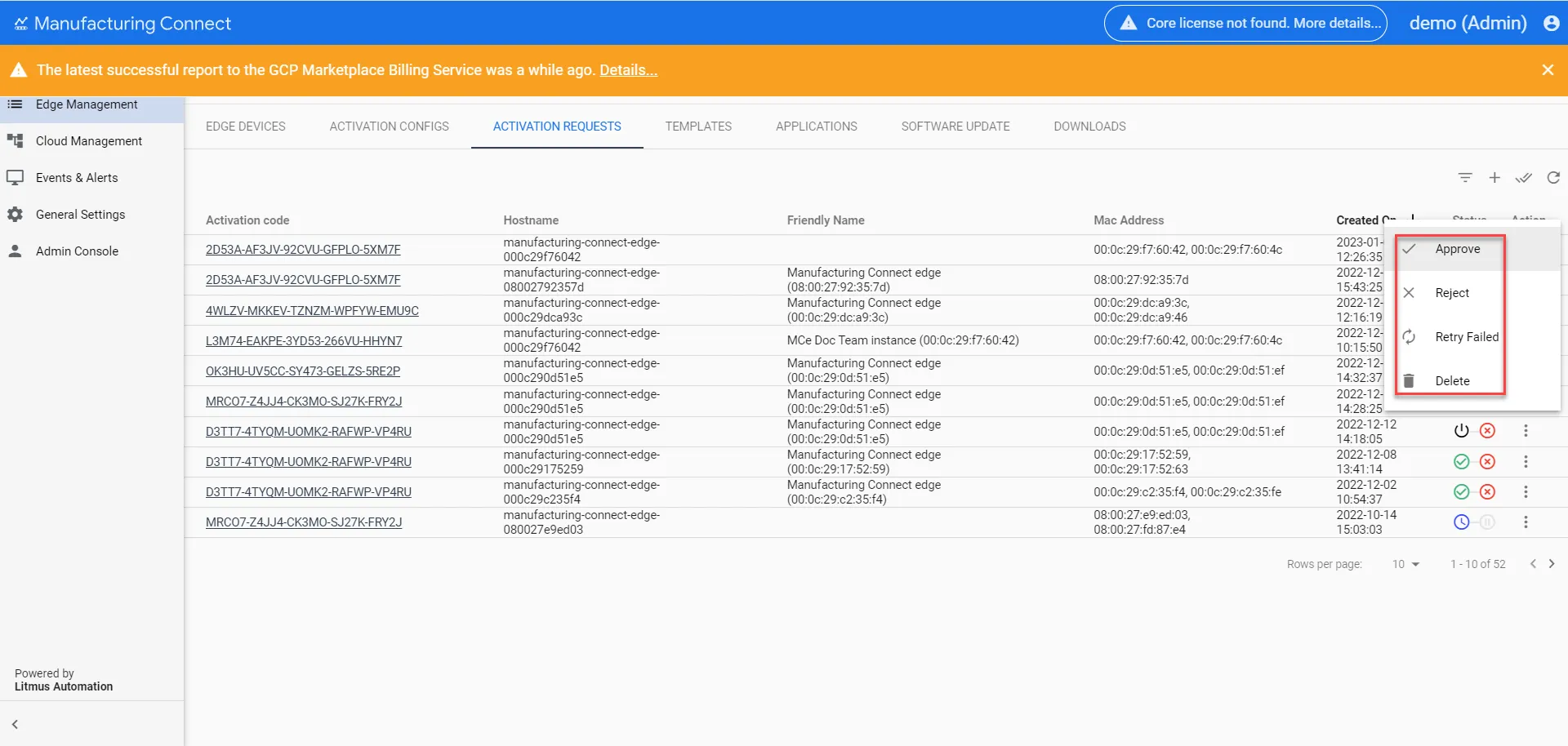 Approve the activation request in Manufacturing Connect Approve the activation request in Manufacturing Connect