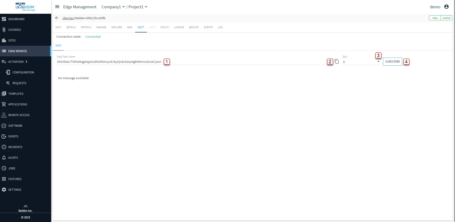 Belden Horizon Data Manager User UI : Edge Device Details : MQTT tab