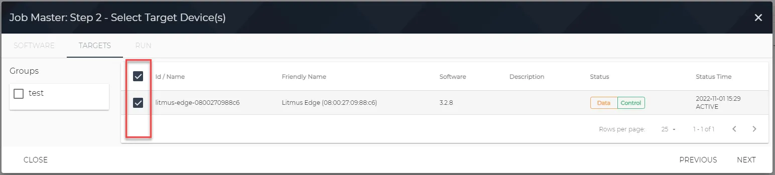 Software Update Job UI Step 2: Select Target Device(s)