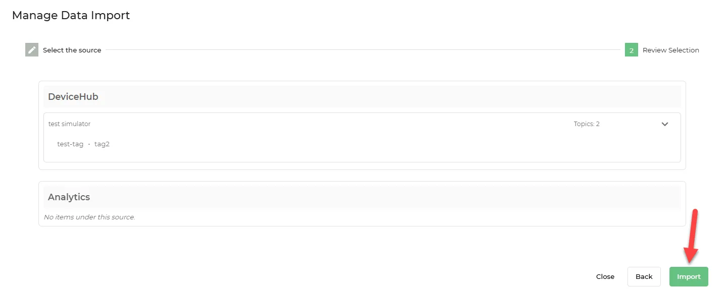 Manage Data Import dialog box 