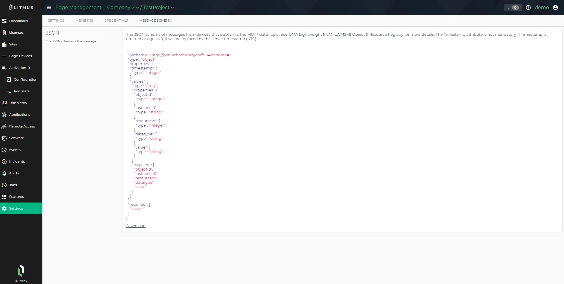  Settings: Message Schema 