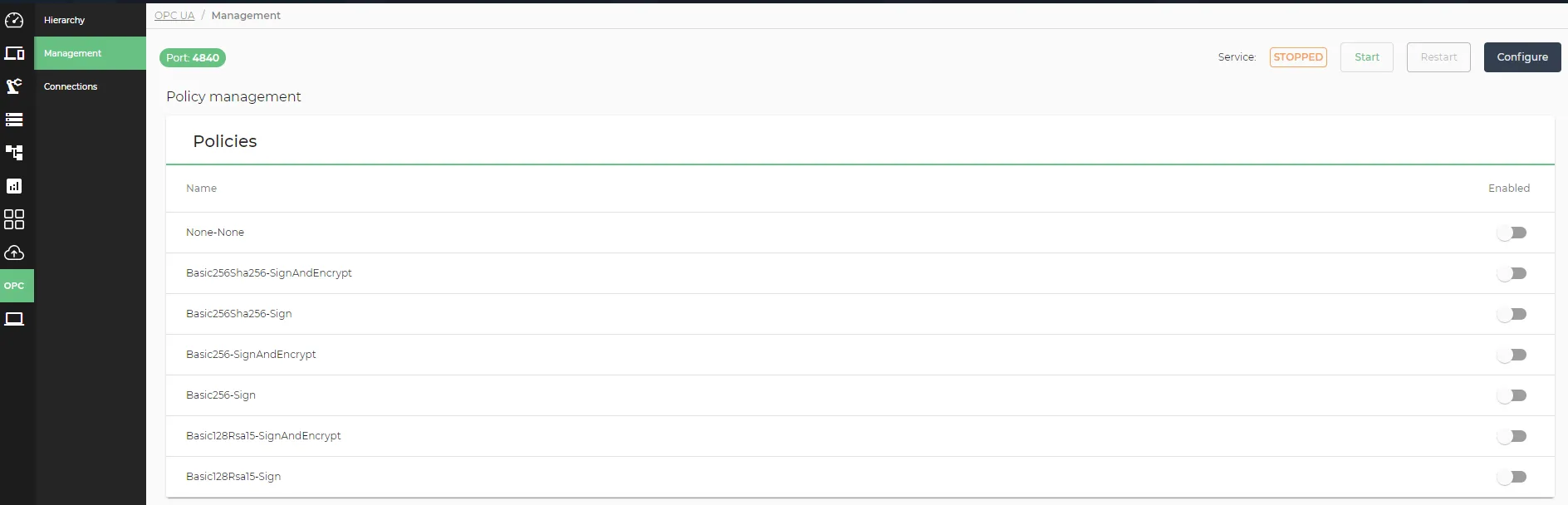 The OPC UA Management pane The OPC UA Management pane