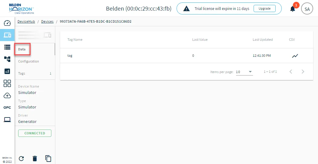 Data tab on DeviceHub device