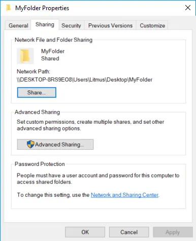 Folder properties dialog box