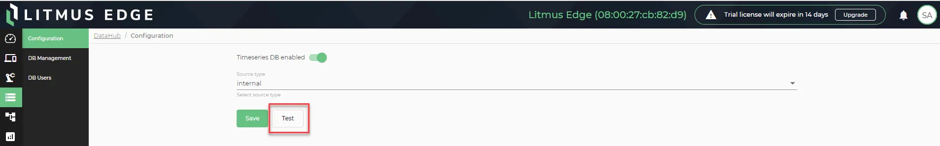 The test Timeseries DB button The test Timeseries DB button