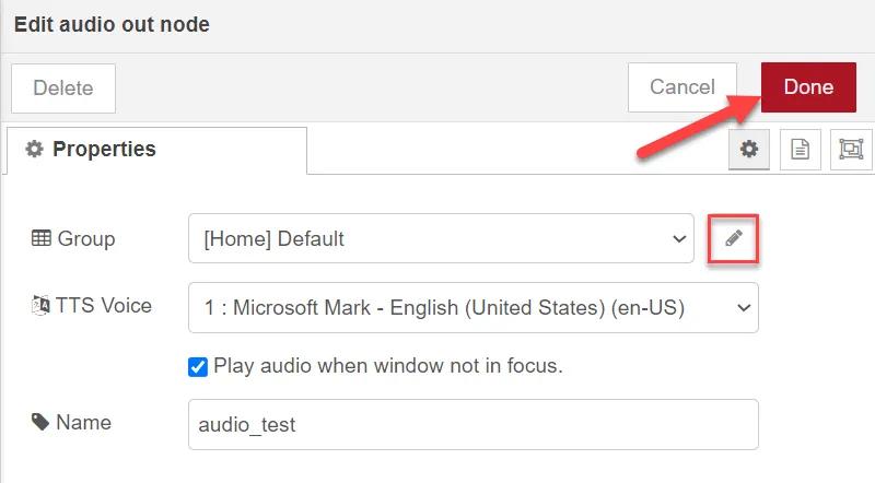 Edit audio out node dialog box