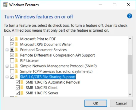 The SMB 1.0/CIFS Fire Sharing Support check box