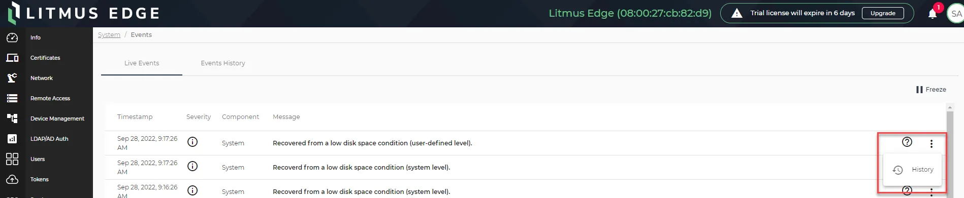The History option for live events The History option for live events