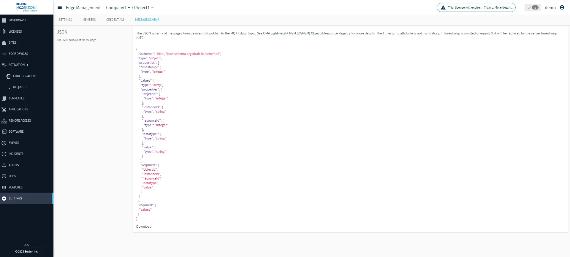 Belden Horizon Data Manager User UI : Settings : Message Schema Belden Horizon Data Manager User UI : Settings : Message Schema