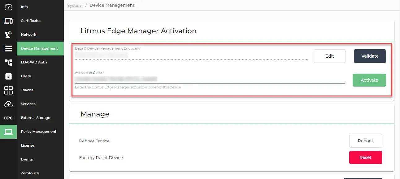 Litmus Edge Manager Activation pane