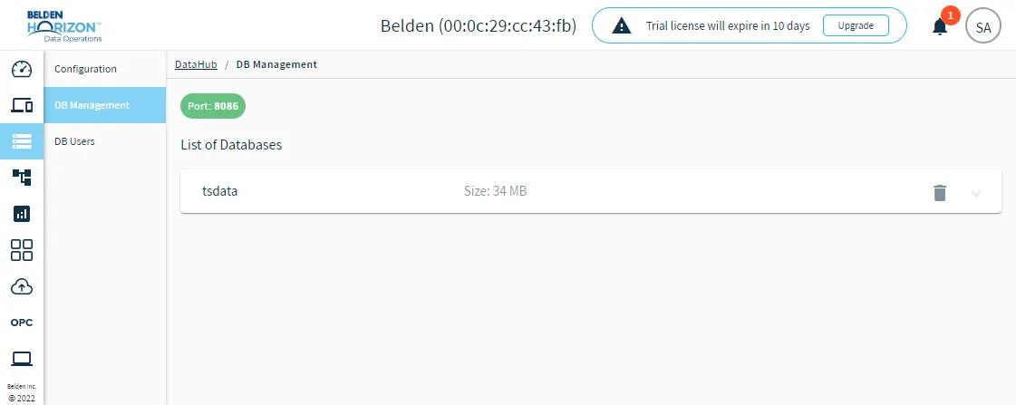DataHub DB Management pane DataHub DB Management pane