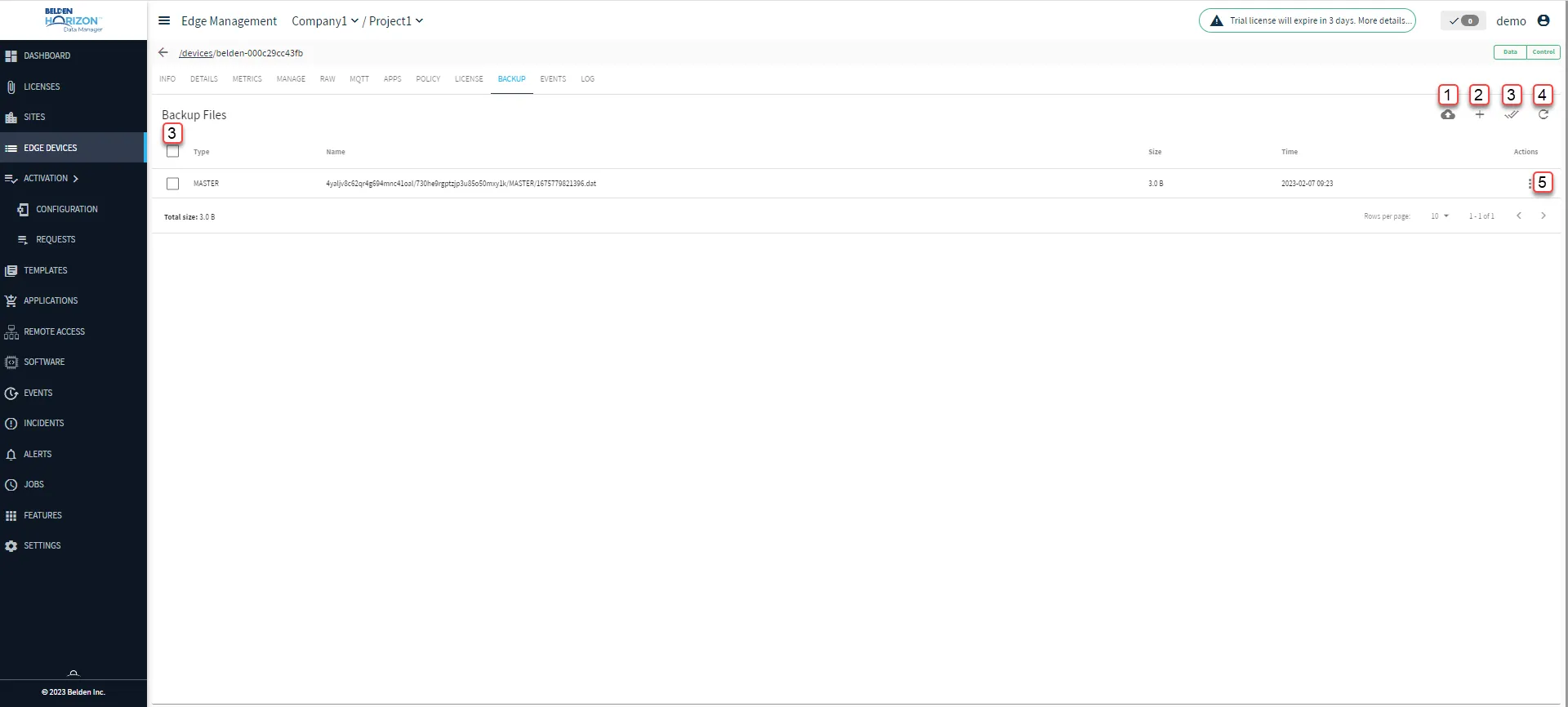 Belden Horizon Data Manager User UI : Edge Device Details : Backup tab Belden Horizon Data Manager User UI : Edge Device Details : Backup tab
